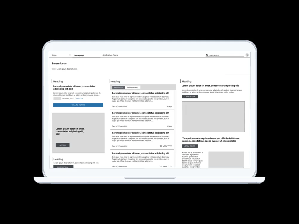 Laptop showing the markets feed wireframe, with content prioritised into three columns.